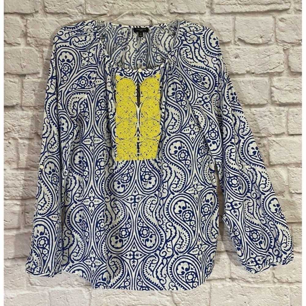 TALBOTS Woman Top X Blue White Yellow‎ Beads Keyhole Neck Cotton Roll Tab 9341